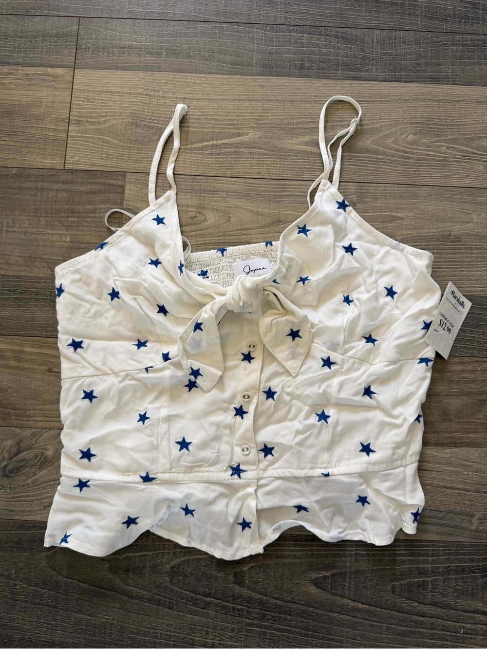 White Cami with Blue Star Print and Front Tie